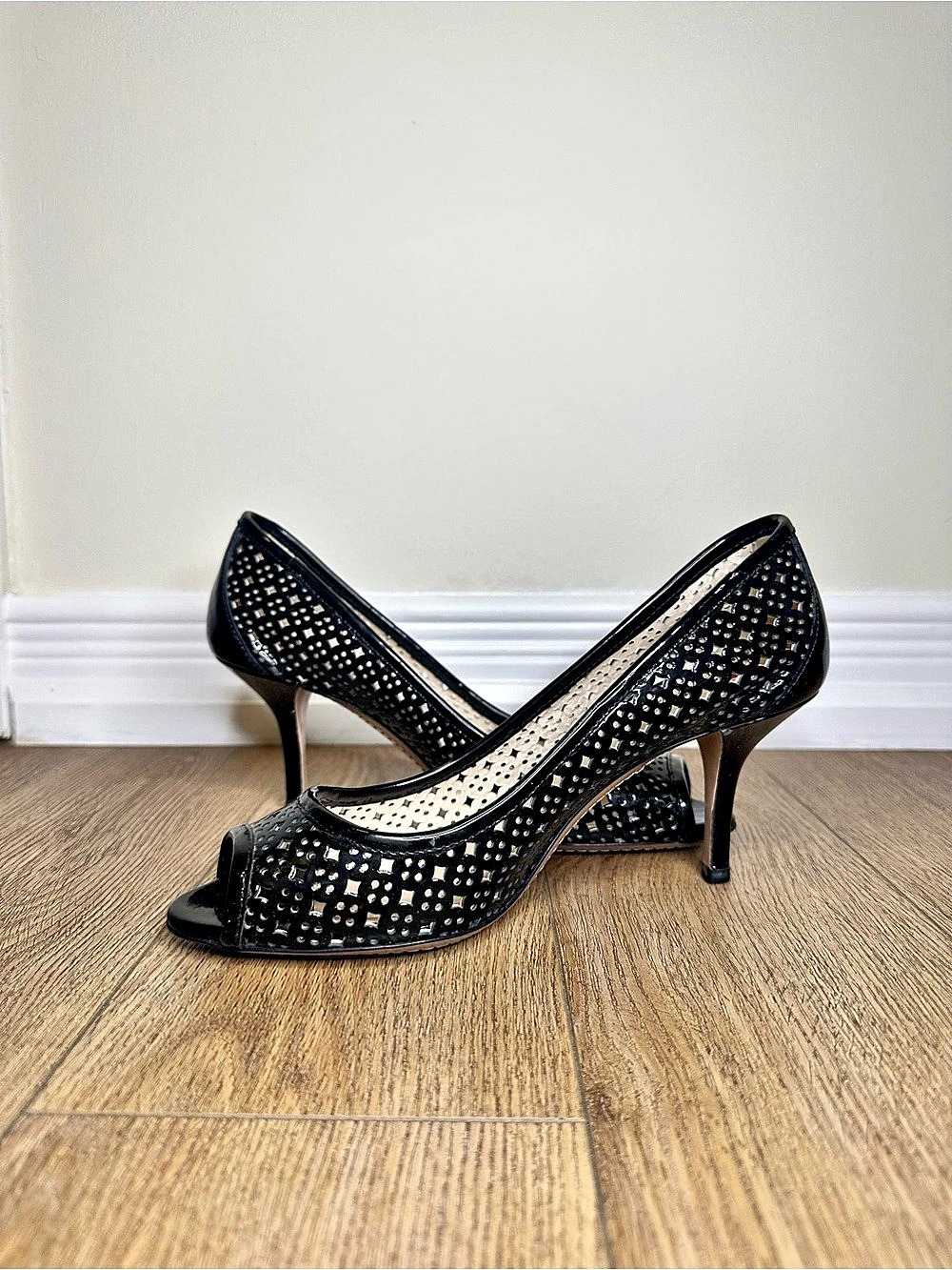 Prada Laser-Cut Patent Leather Peep-Toe Pumps Black
